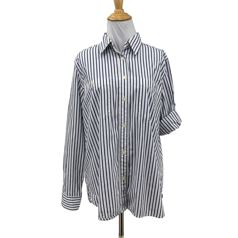 Lauren Ralph Lauren Shirt Womens L Large White Blue Striped Roll Tab Sleeve
